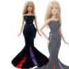 must merineitsilõikega kleit Barbie nukule, millel on punased ja lillad detailid