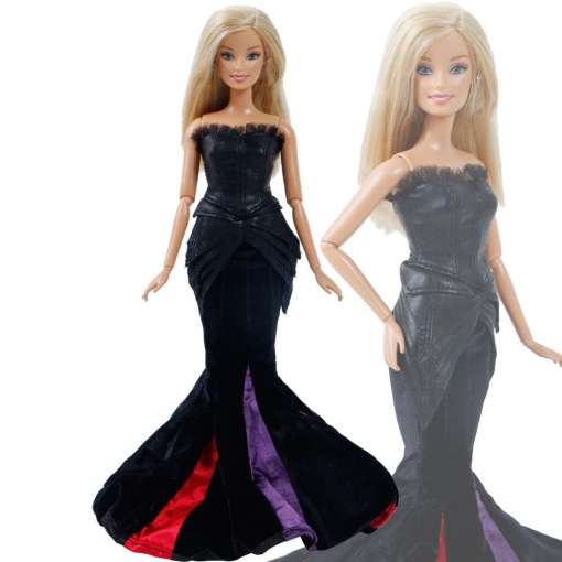 must merineitsilõikega kleit Barbie nukule, millel on punased ja lillad detailid