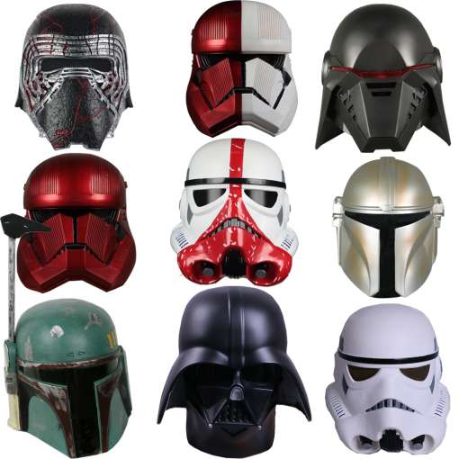 üheksa erinevat star warsi kiivrit, sealhulgas must, punane ja valge