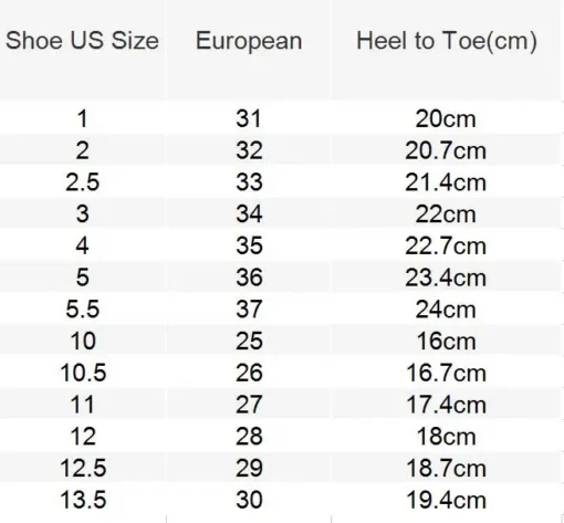 jalatsite suuruste tabel, mis näitab USA ja Euroopa suurusi ning pikkust sentimeetrites