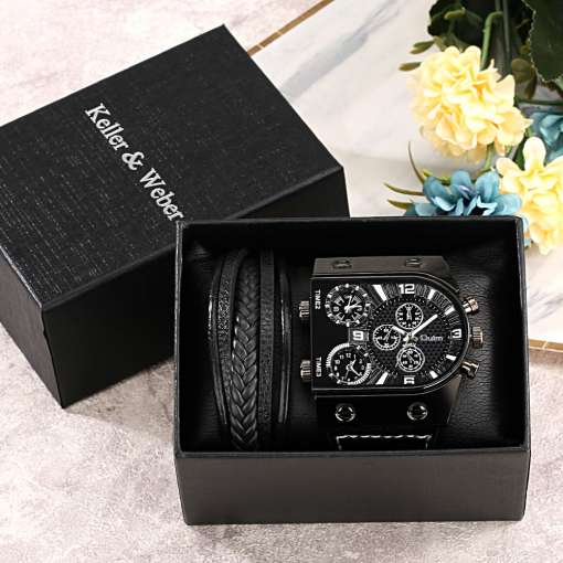 Luxury-4-Pcs-Set-High-End-Man-s-Black-Quartz-Wristwatch-Leather-Strap-2-Bracelets-Men-4 – saadaval Tootemaailm e-kaubamajas