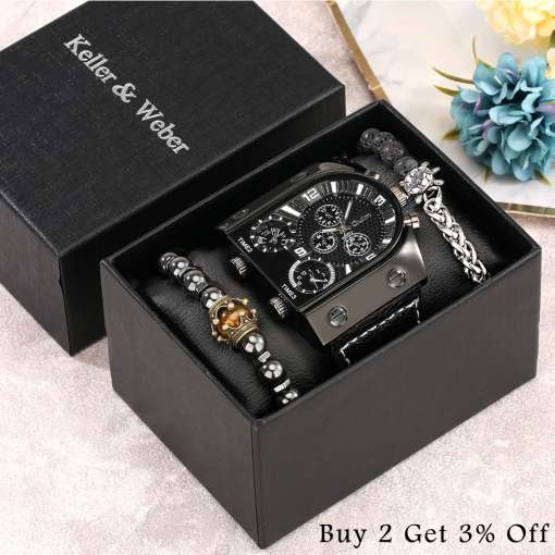 Luxury-4-Pcs-Set-High-End-Man-s-Black-Quartz-Wristwatch-Leather-Strap-2-Bracelets-Men-1 – saadaval Tootemaailm e-kaubamajas
