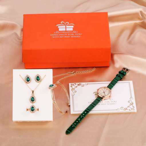 Ladies-Green-Watch-Jewelry-Set-with-Box-Leather-Quartz-Watch-for-Women-Emerald-Necklace-Ring-Birthday-2 – saadaval Tootemaailm e-kaubamajas