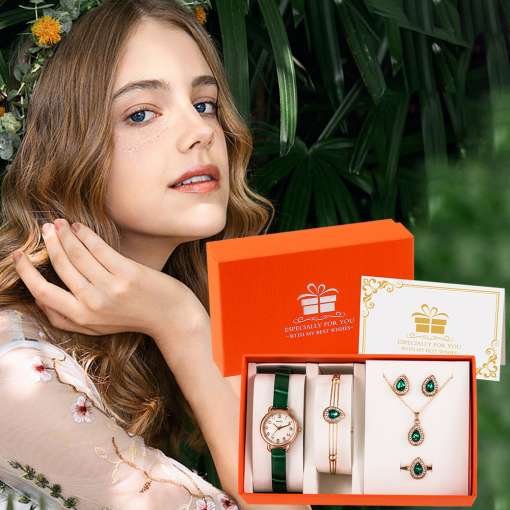 Ladies-Green-Watch-Jewelry-Set-with-Box-Leather-Quartz-Watch-for-Women-Emerald-Necklace-Ring-Birthday-3 – saadaval Tootemaailm e-kaubamajas