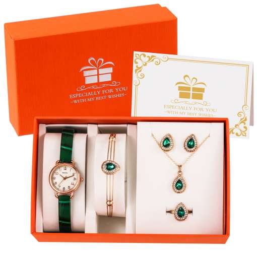 Ladies-Green-Watch-Jewelry-Set-with-Box-Leather-Quartz-Watch-for-Women-Emerald-Necklace-Ring-Birthday-4 – saadaval Tootemaailm e-kaubamajas
