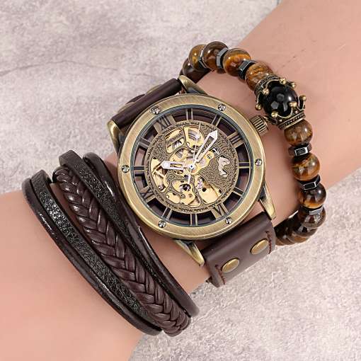 Vintage-Golden-Men-s-Watch-Luxury-Mechanical-Watches-Elastic-Adjustable-Bracelets-Fashion-Gifts-Set-Box-for-2 – saadaval Tootemaailm e-kaubamajas