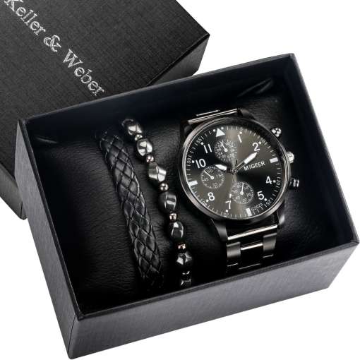 Watch-Bracelet-Men-s-Gift-Set-Black-Stainless-Steel-Quartz-Dial-Safety-Buckle-2-Bracelets-Chain-1 – saadaval Tootemaailm e-kaubamajas