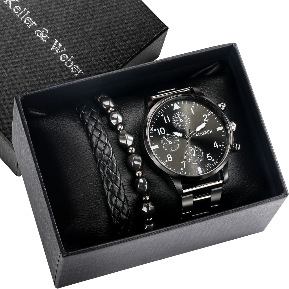 Watch-Bracelet-Men-s-Gift-Set-Black-Stainless-Steel-Quartz-Dial-Safety-Buckle-2-Bracelets-Chain-1 – saadaval Tootemaailm e-kaubamajas