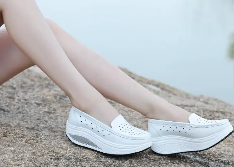New 2017 Summer genuine leather cutout breathable swing shoes white nurse shoes wedges heighten shoes mother shoes sandals 5