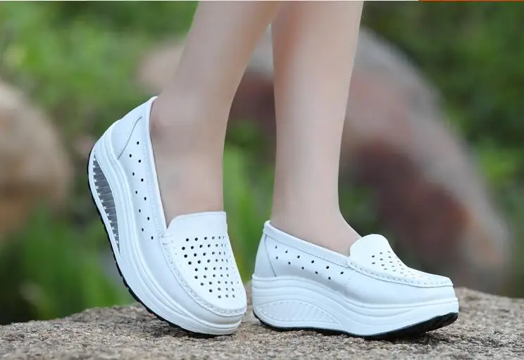 New 2017 Summer genuine leather cutout breathable swing shoes white nurse shoes wedges heighten shoes mother shoes sandals 6