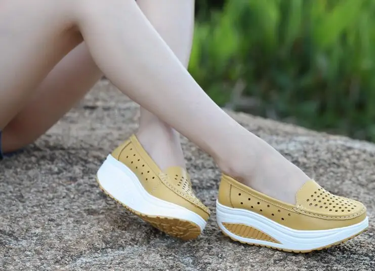 New 2017 Summer genuine leather cutout breathable swing shoes white nurse shoes wedges heighten shoes mother shoes sandals 7