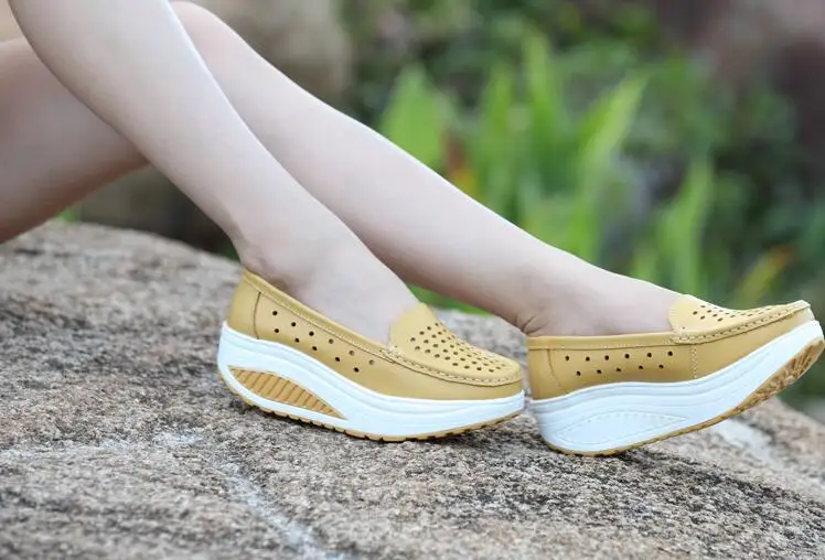 New 2017 Summer genuine leather cutout breathable swing shoes white nurse shoes wedges heighten shoes mother shoes sandals 8