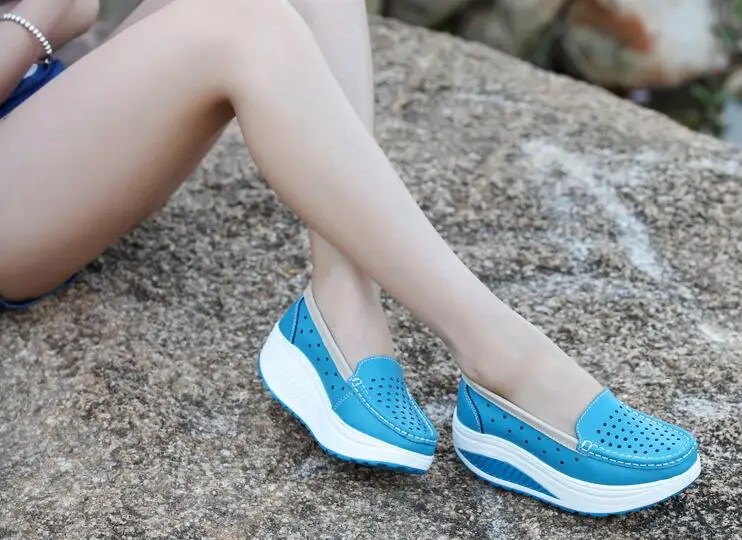 New 2017 Summer genuine leather cutout breathable swing shoes white nurse shoes wedges heighten shoes mother shoes sandals 9