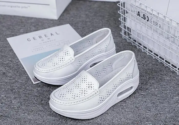 New 2017 Summer genuine leather cutout breathable swing shoes white nurse shoes wedges heighten shoes mother shoes sandals 12