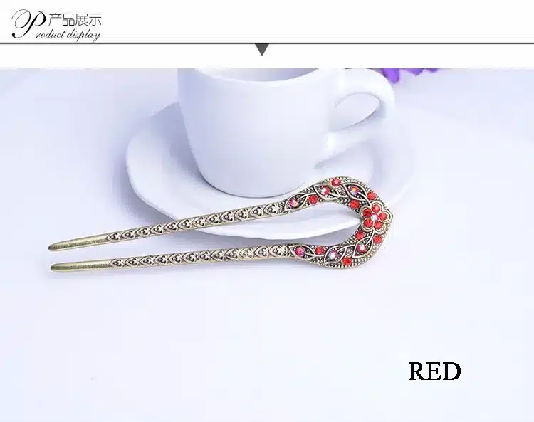 Retro Hair Jewelry Antique Bronze Plated Hairpins U shape Hair Sticks Women Rhinestone Flower Hair Accessories 14