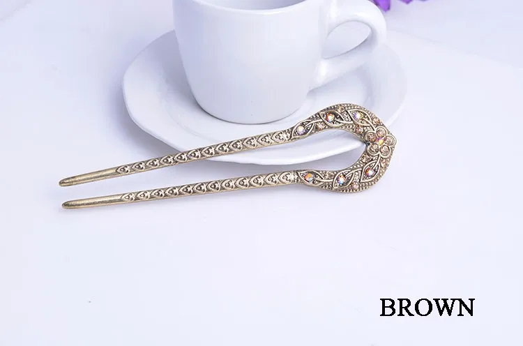 Retro Hair Jewelry Antique Bronze Plated Hairpins U shape Hair Sticks Women Rhinestone Flower Hair Accessories 16