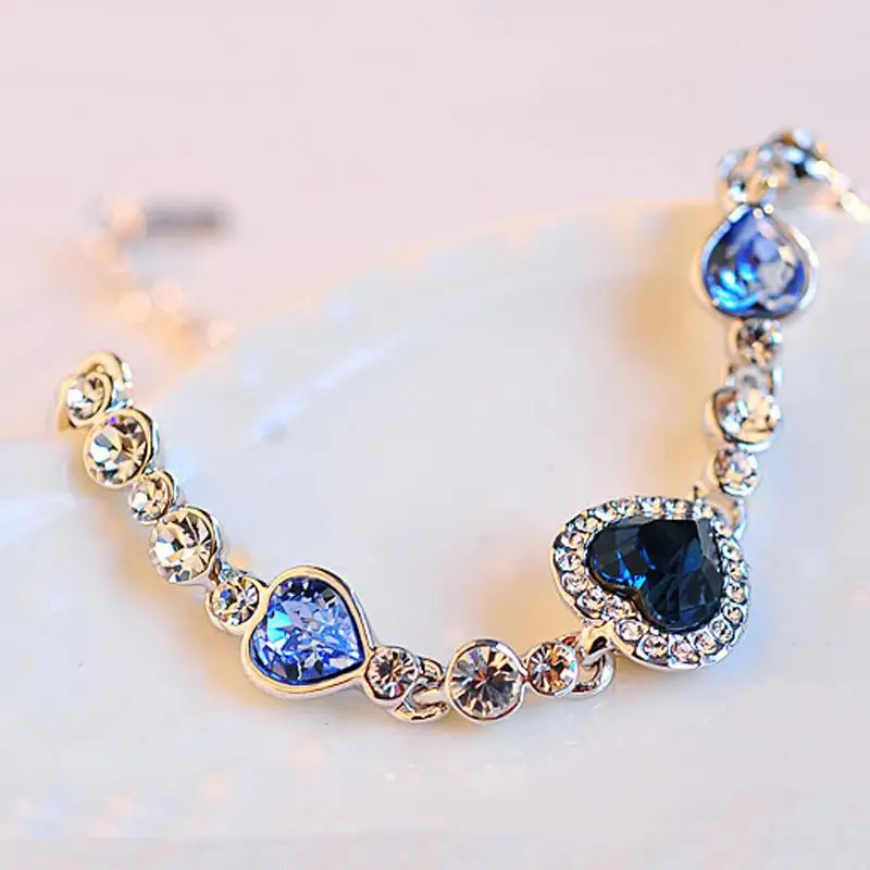 Nuncad One Piece Women Girls Ocean Blue Sliver Plated Crystal Heart Bracelet Bracciali Donna Gift Jewelry Bileklik Wholesale 18