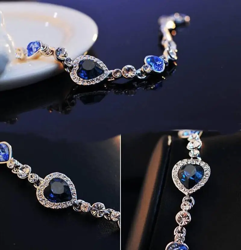 Nuncad One Piece Women Girls Ocean Blue Sliver Plated Crystal Heart Bracelet Bracciali Donna Gift Jewelry Bileklik Wholesale 19
