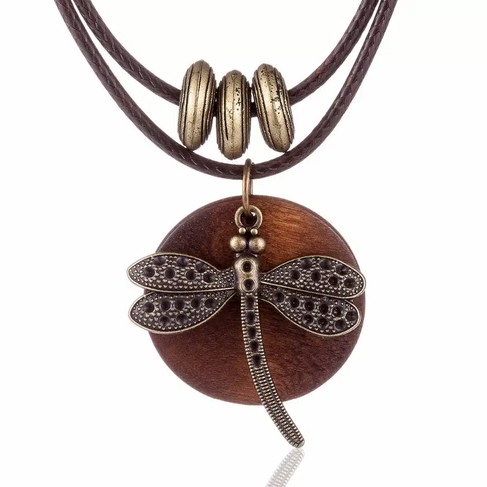 Fashion Choker Woman Necklaces vintage Jewelry Dragonfly Wooden pendant Long necklace for women collares mujer kolye 29