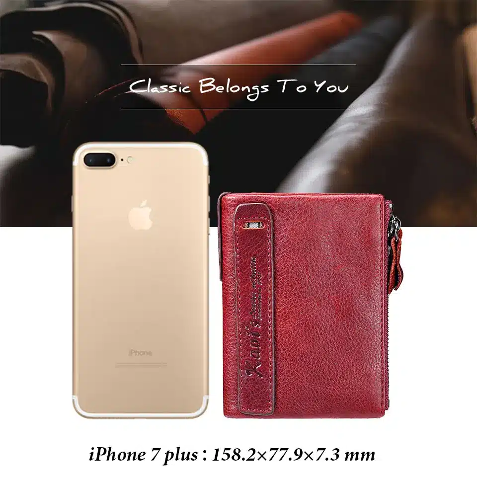 punane ehtsast nahast rahakott iPhone 7 Plus kõrval
