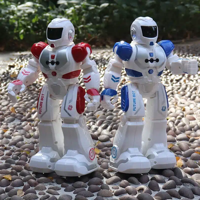 kaks valget puldiga juhitavat robotit, üks punaste ja teine siniste detailidega, seisavad kivisel pinnal