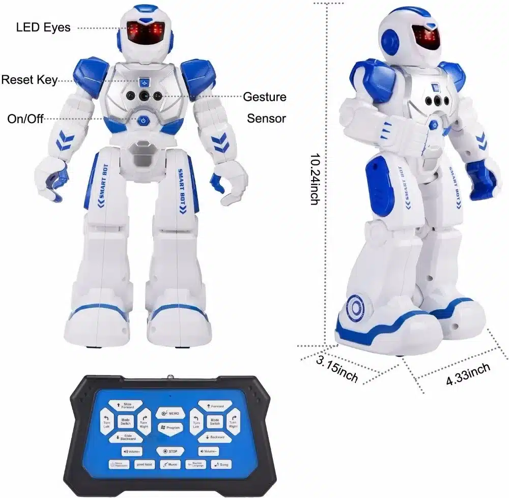 valge ja sinine puldiga juhitav robot LED-silmade ja žestsensoritega