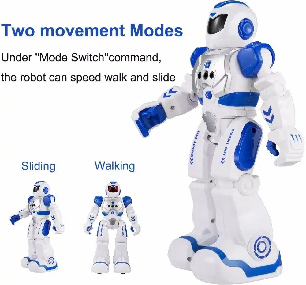 valge ja sinine puldiga juhitav robot, millel on kaks liikumisrežiimi