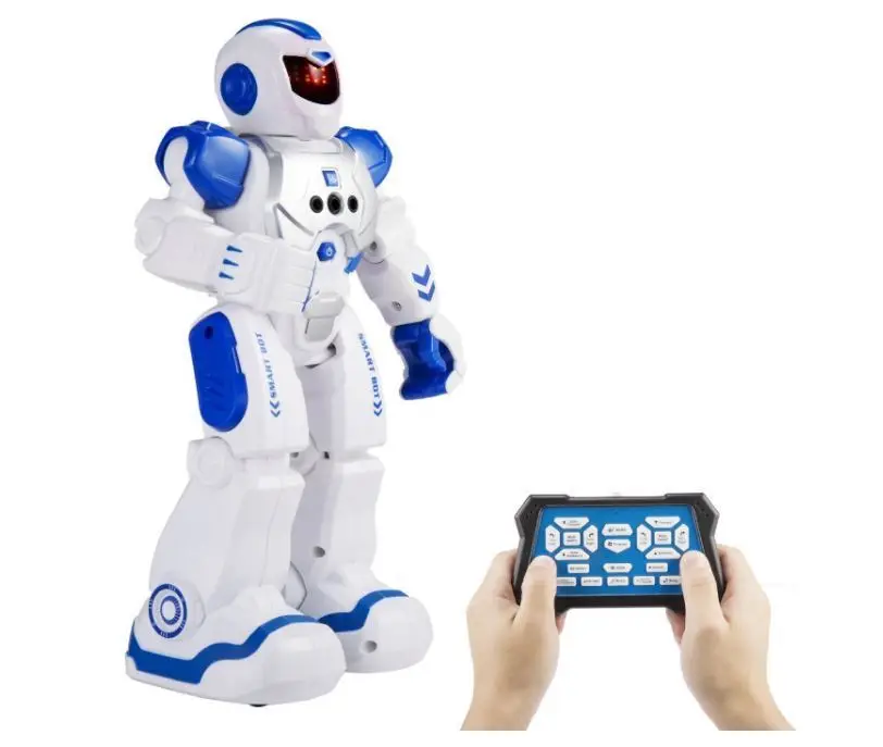 valge ja sinine robot koos puldiga, mida hoitakse käes