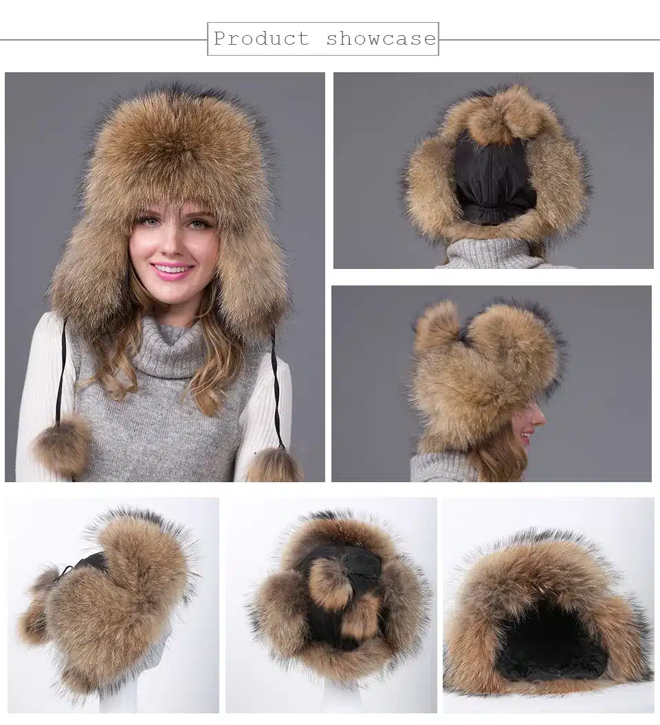 Russia Hot Winter Fashion Item Raccoon & Fox Fur Leather Hat With Winter Oars Women's Thick And Warm Winter Hat 12