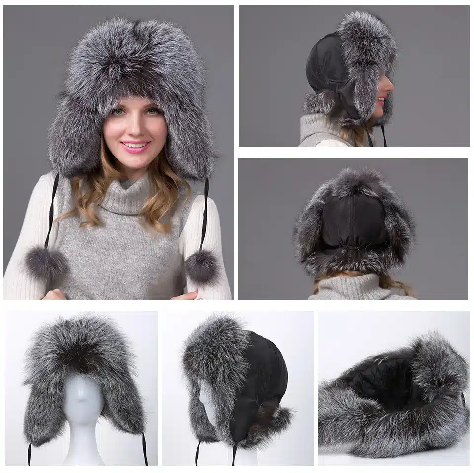 Russia Hot Winter Fashion Item Raccoon & Fox Fur Leather Hat With Winter Oars Women's Thick And Warm Winter Hat 13