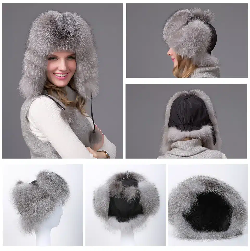 Russia Hot Winter Fashion Item Raccoon & Fox Fur Leather Hat With Winter Oars Women's Thick And Warm Winter Hat 14