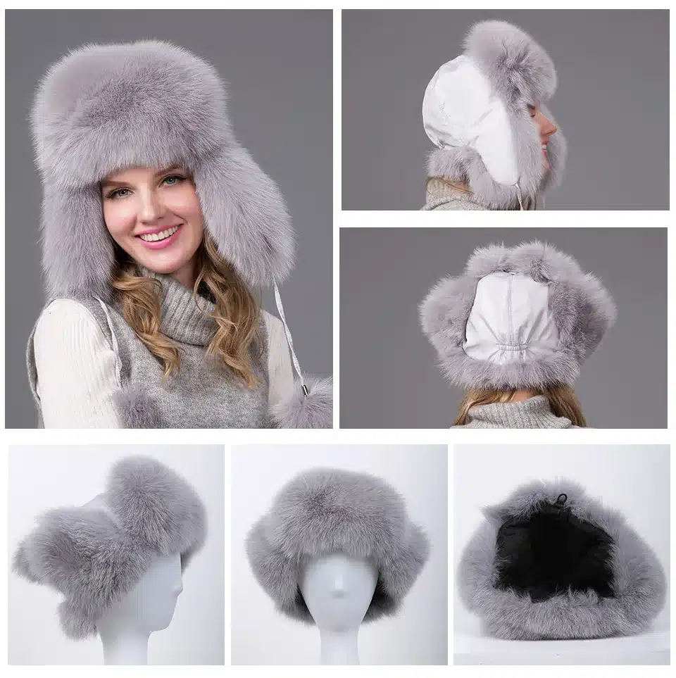 Russia Hot Winter Fashion Item Raccoon & Fox Fur Leather Hat With Winter Oars Women's Thick And Warm Winter Hat 15
