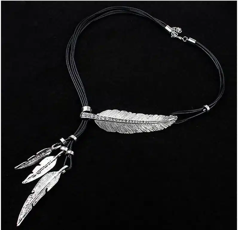 Collier Femme Feather Necklaces & Pendants Rope Leather Vintage Maxi Colar For Statement Necklace Women Fashion Jewelry Bijoux 18