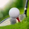valge golfipall punasel teel murul, taustal golfikepp