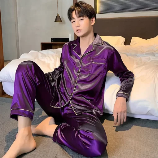 New-Men-Pajama-Sets-Silk-Satin-Sleepwear-For-Man-Shirt-Long-Sleeve-Pyjama-Male-Fashion-Soft-4 – saadaval Tootemaailm e-kaubamajas