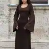 Tossy-Scoop-Neck-Lace-Up-Ribbed-Maxi-Dress-Female-Long-Sleeve-Fashion-Slim-Loose-Bandage-Dress-4 – saadaval Tootemaailm e-kaubamajas