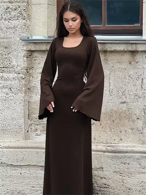 Tossy-Scoop-Neck-Lace-Up-Ribbed-Maxi-Dress-Female-Long-Sleeve-Fashion-Slim-Loose-Bandage-Dress-4 – saadaval Tootemaailm e-kaubamajas