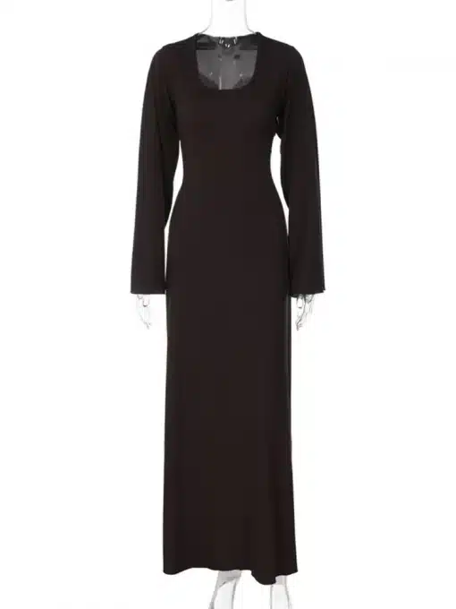 Tossy-Scoop-Neck-Lace-Up-Ribbed-Maxi-Dress-Female-Long-Sleeve-Fashion-Slim-Loose-Bandage-Dress-5 – saadaval Tootemaailm e-kaubamajas