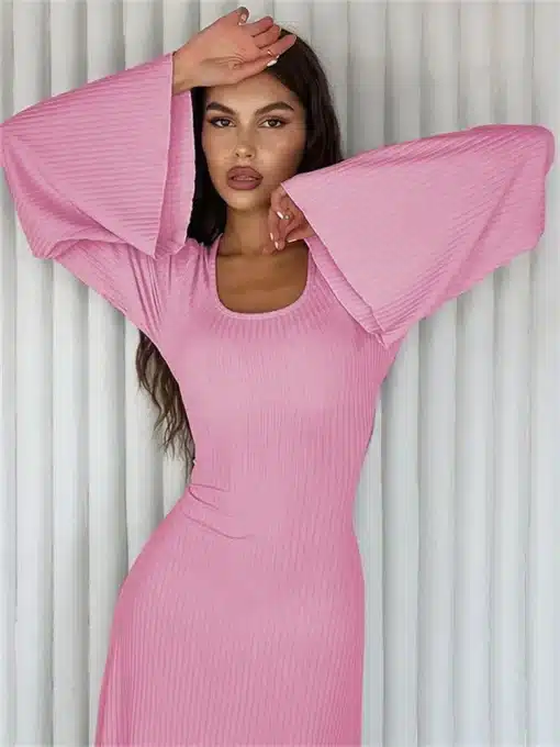 Tossy-Scoop-Neck-Lace-Up-Ribbed-Maxi-Dress-Female-Long-Sleeve-Fashion-Slim-Loose-Bandage-Dress-2 – saadaval Tootemaailm e-kaubamajas