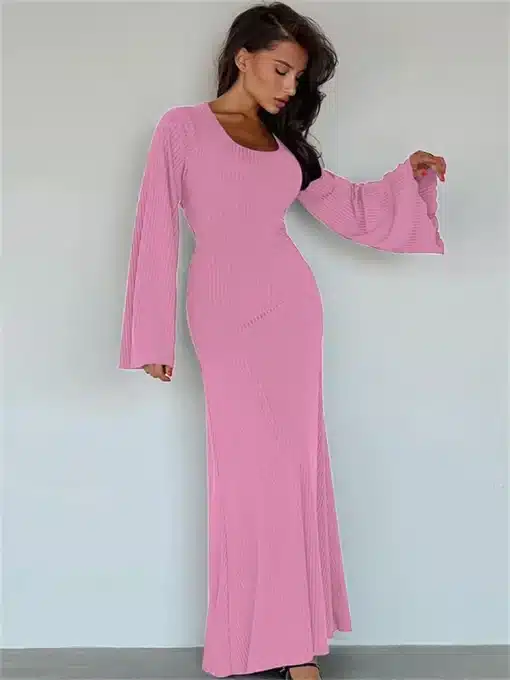 Tossy-Scoop-Neck-Lace-Up-Ribbed-Maxi-Dress-Female-Long-Sleeve-Fashion-Slim-Loose-Bandage-Dress-3 – saadaval Tootemaailm e-kaubamajas