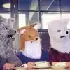 kolm inimest kannavad erinevat värvi rebaste maske, hall, pruun ja valge
