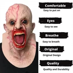 karjuva zombiga mask, millel on avatud suu ja verised detailid