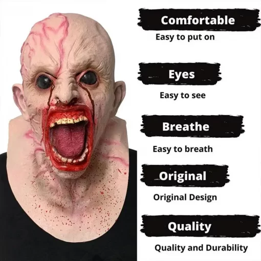 karjuva zombiga mask, millel on avatud suu ja verised detailid