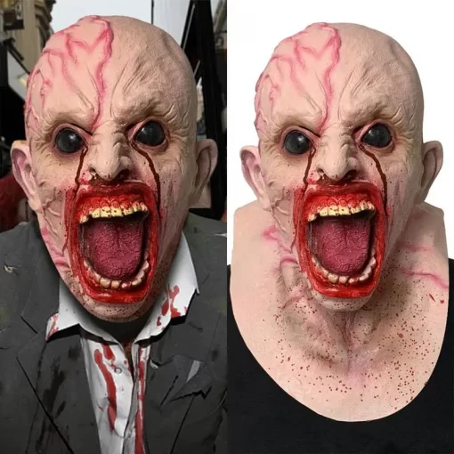 hirmutav zombi mask avatud suu ja veriste detailidega