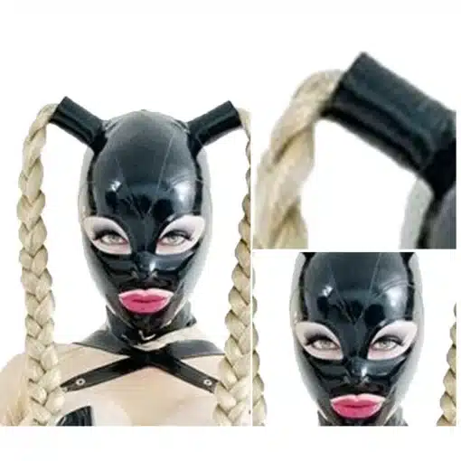 Black-Unisex-Latex-Hood-Mask-Open-Eye-Mouth-Head-Cover-Face-Cover-with-Braid-Wig-Bow-2 – saadaval Tootemaailm e-kaubamajas