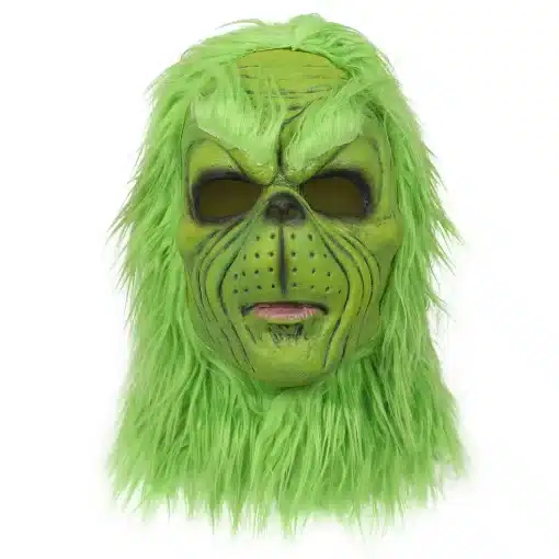 roheline karvane mask, millel on grimmi nägu ja mustad silmaavad