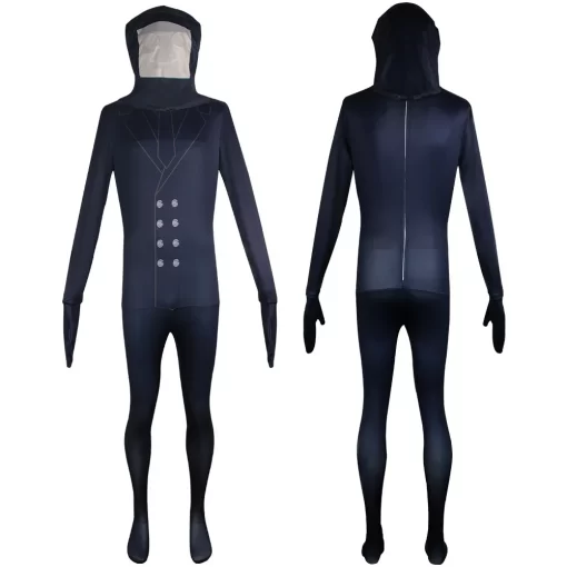 tumesinine kapuutsiga jumpsuit, millel on nööpide ja krae detailid