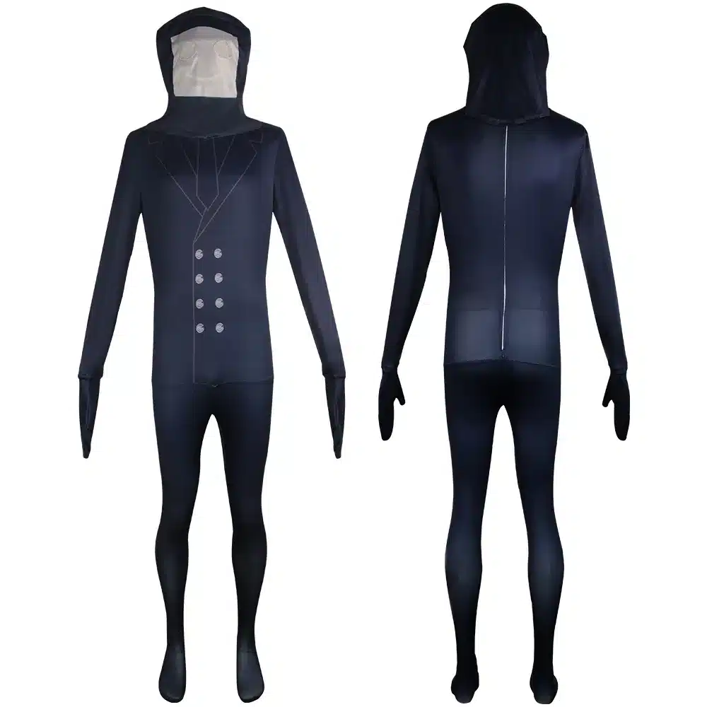 tumesinine kapuutsiga jumpsuit, millel on nööpide ja krae detailid