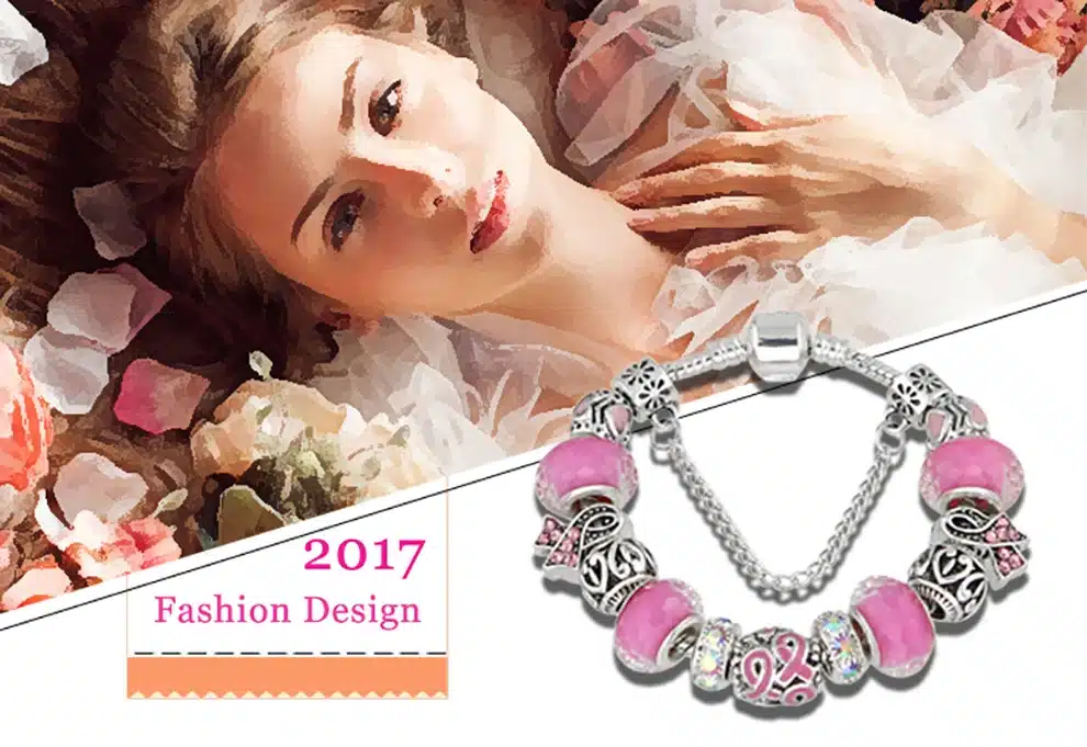 KEORMA Antique Silver bracelets for women Murano Glass Bead Crystal New Breast Cancer Awareness Pink Ribbon Charms Bracelet 14