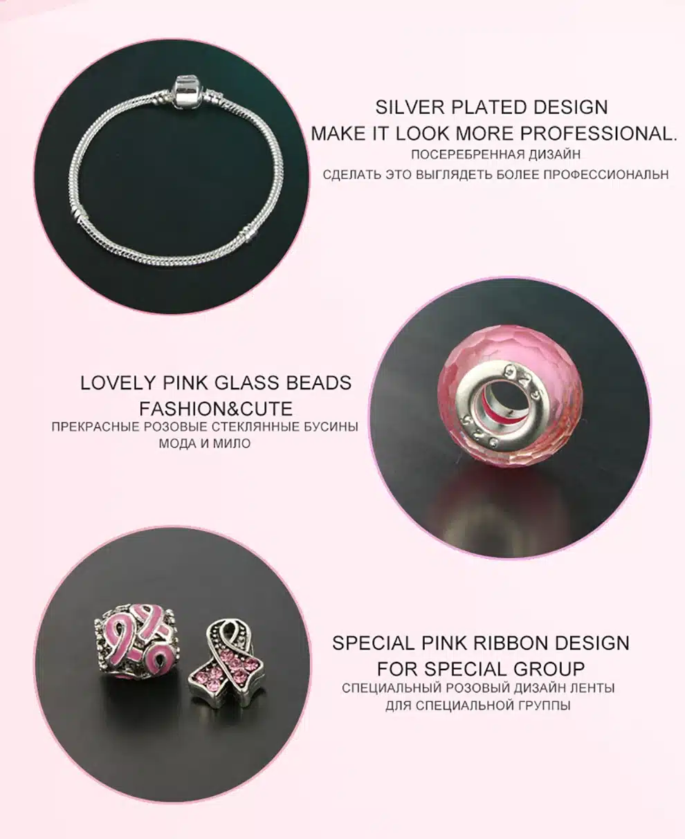 KEORMA Antique Silver bracelets for women Murano Glass Bead Crystal New Breast Cancer Awareness Pink Ribbon Charms Bracelet 17